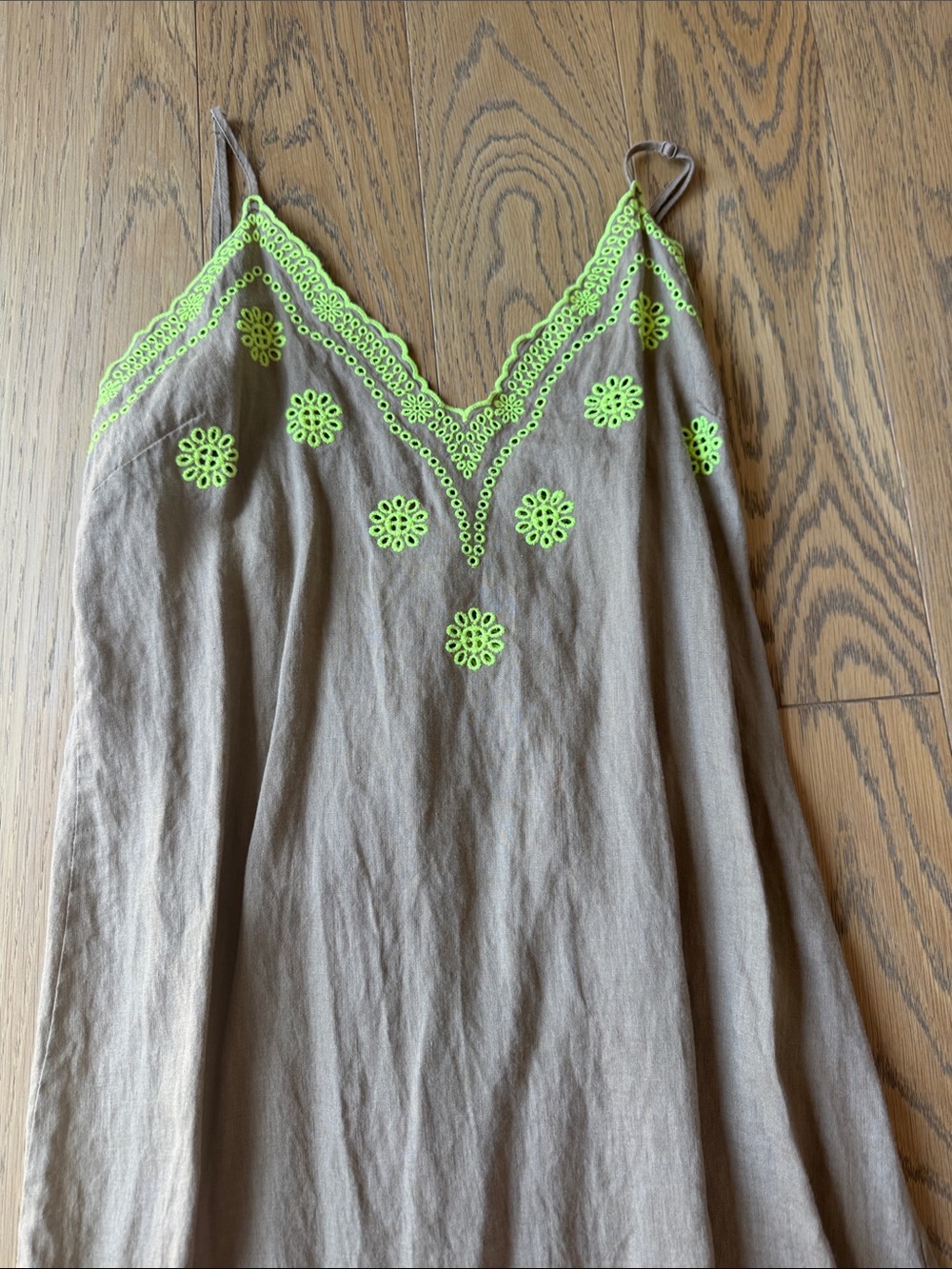 Zara-Neutral Slip Dress with Neon Green Embroidery